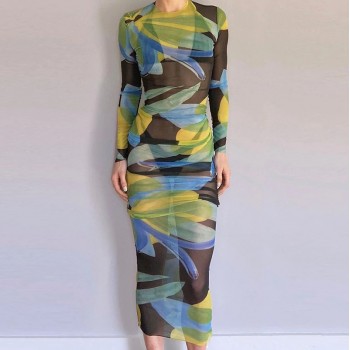 Simenual Mesh Print See Through Sexy Maxi Dresses For Women Long Sleeve 2021 Fashion Clubwear Party Lace Long Dress Bodycon